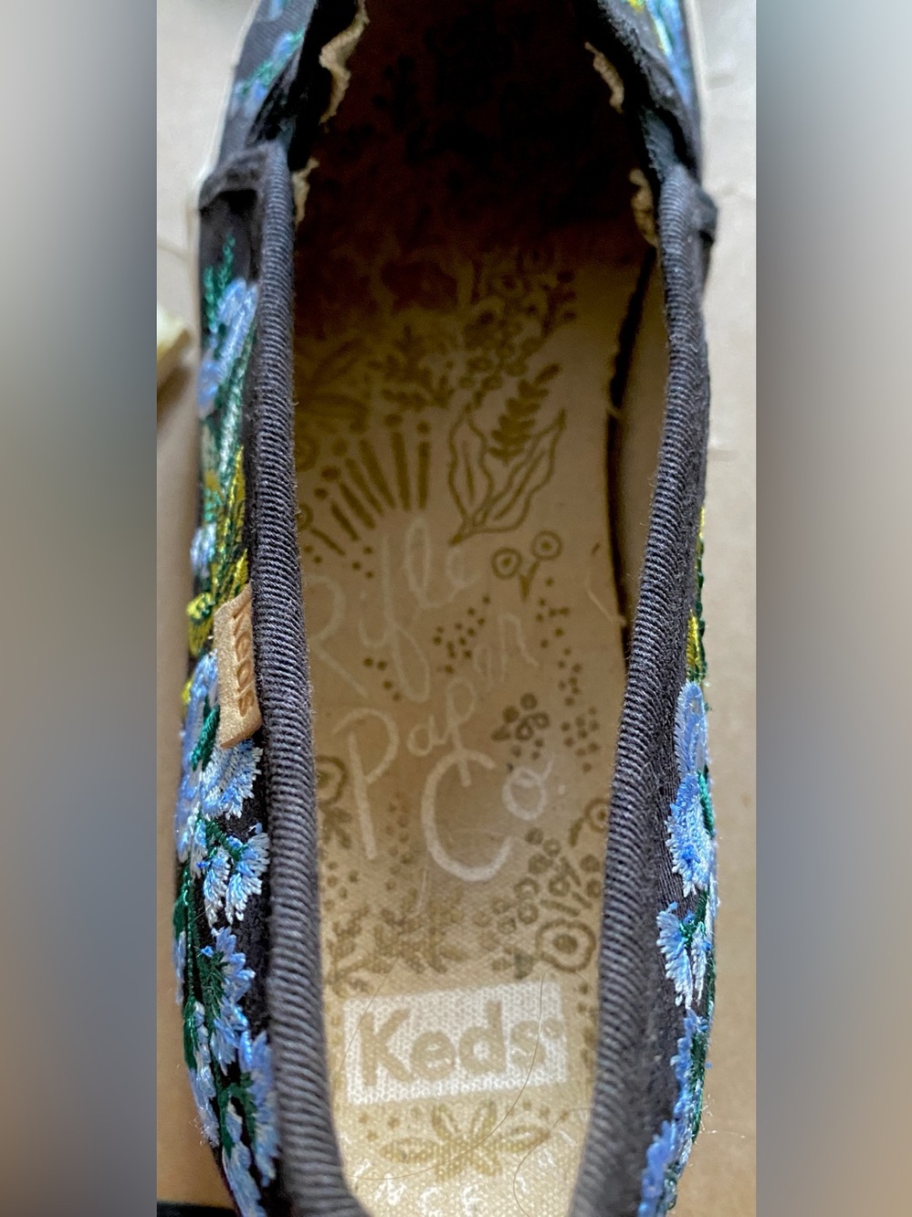 Black KEDS/Rifle Paper Slip On. Size 7 in EUC. Embroidered Florals blue, green - Picture 7 of 10
